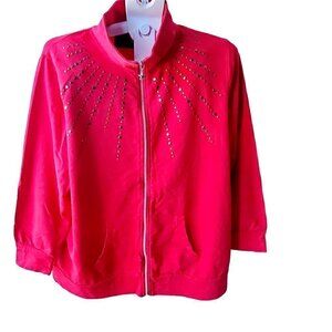 Oversized Retro Slouchy Red Studded fleece Zip-Up Jacket. Size 1X